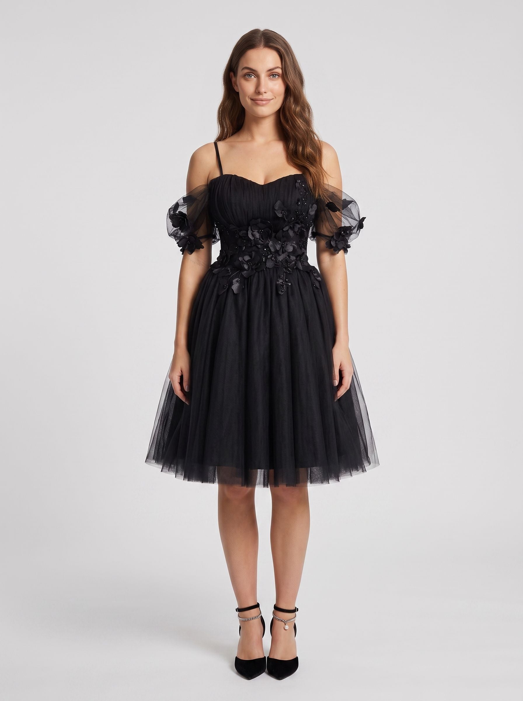 Black Tulle A-Line Off-the-Shoulder Criss-Cross Straps Short Dress with Sweetheart Bodice