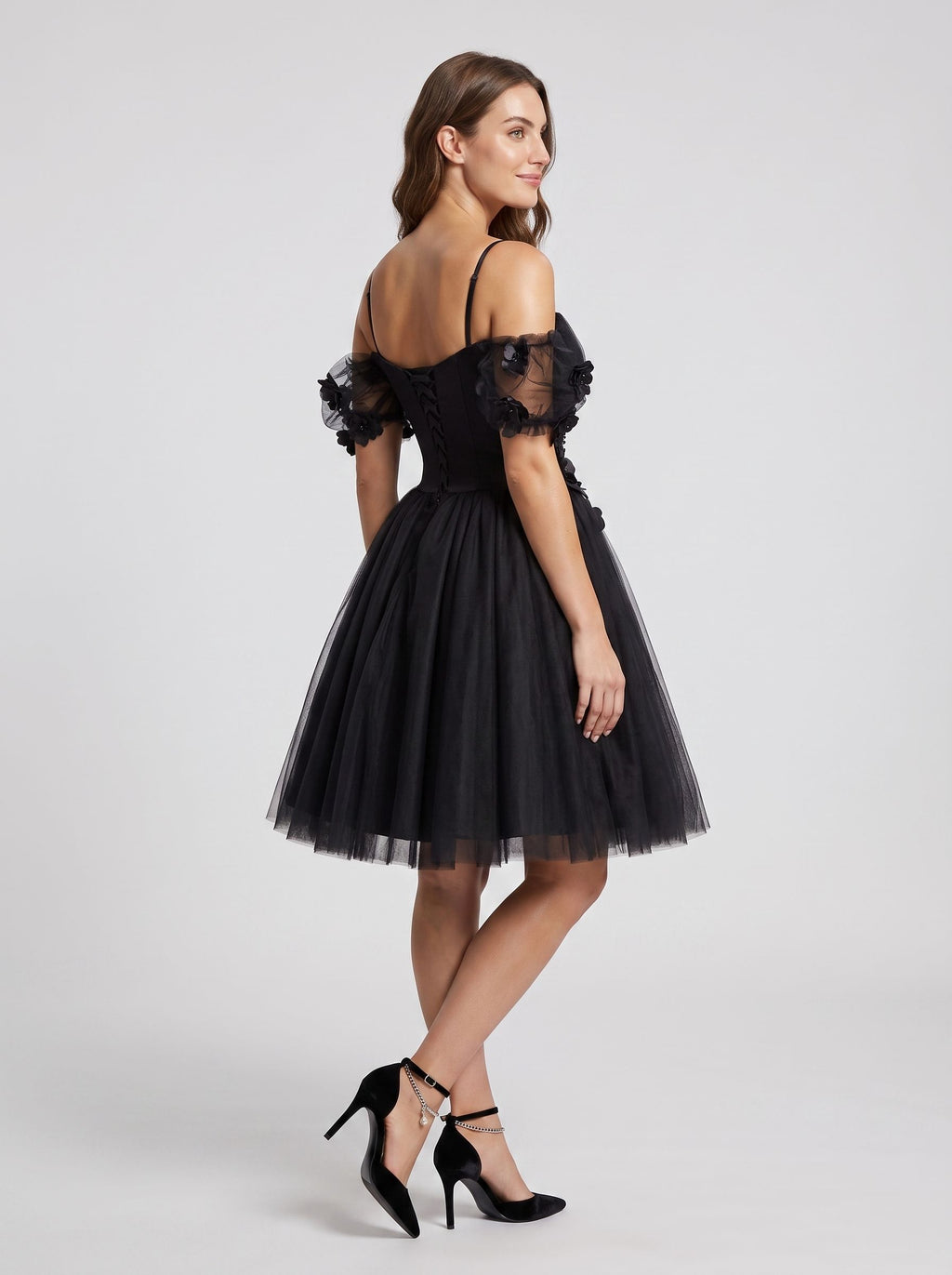 Black Tulle A-Line Off-the-Shoulder Criss-Cross Straps Short Dress with Sweetheart Bodice