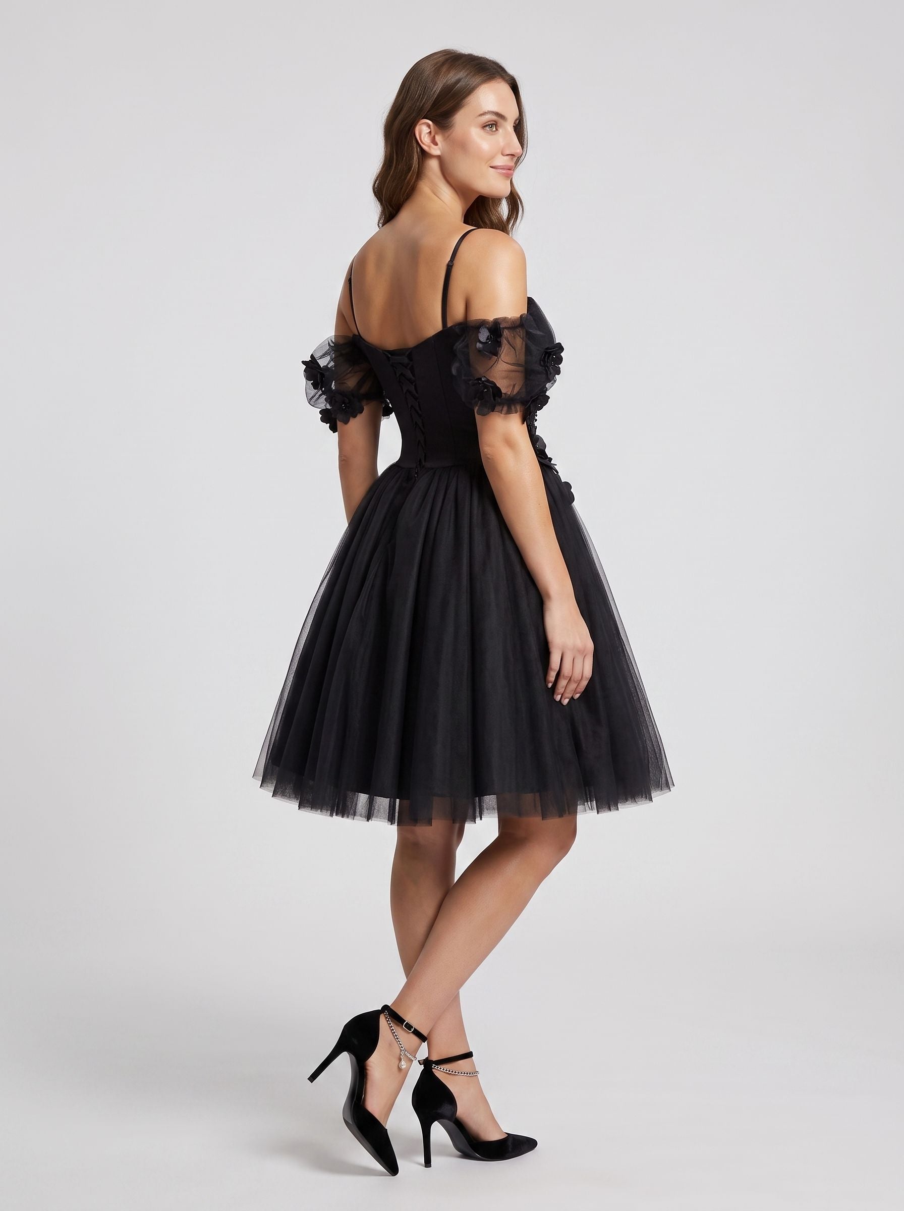 Black Tulle A-Line Off-the-Shoulder Criss-Cross Straps Short Dress with Sweetheart Bodice