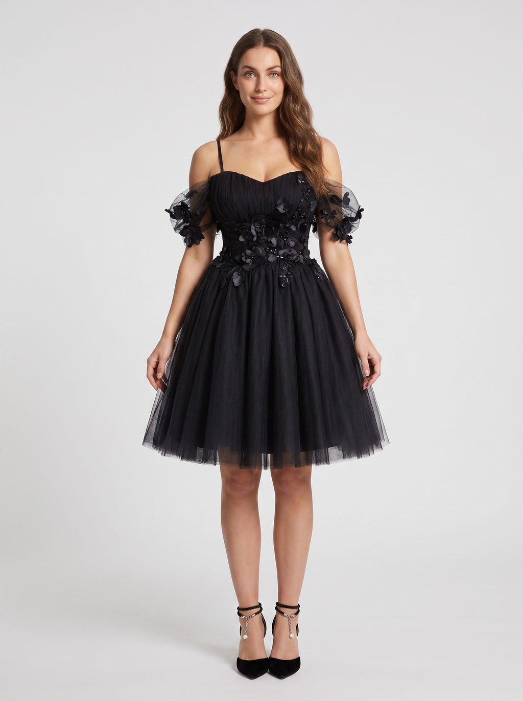 Black Tulle A-Line Off-the-Shoulder Criss-Cross Straps Short Dress with Sweetheart Bodice