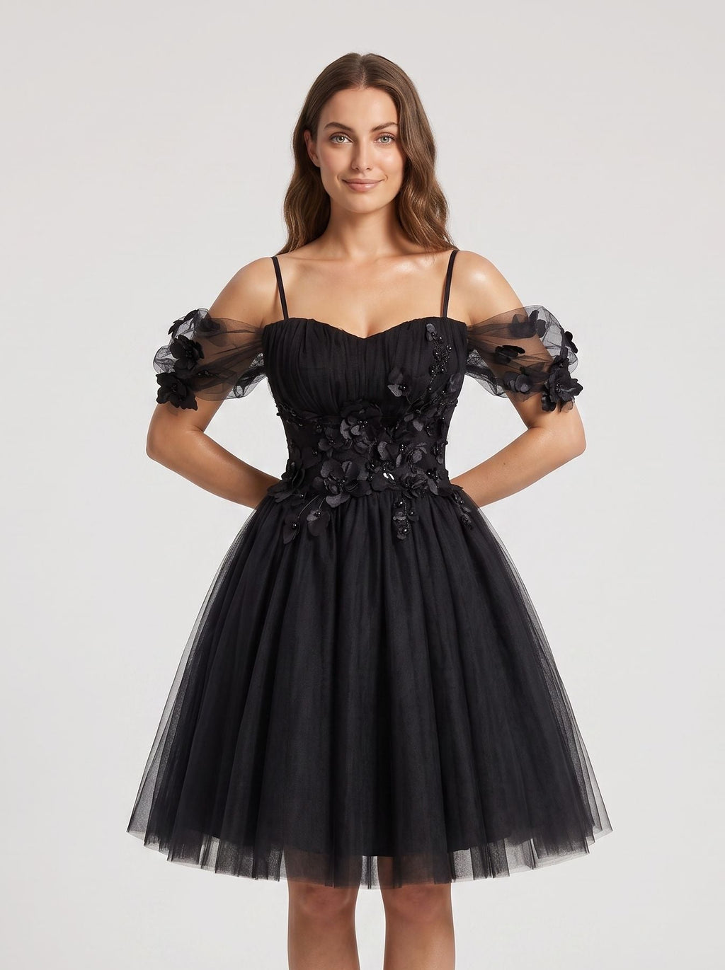 Black Tulle A-Line Off-the-Shoulder Criss-Cross Straps Short Dress with Sweetheart Bodice
