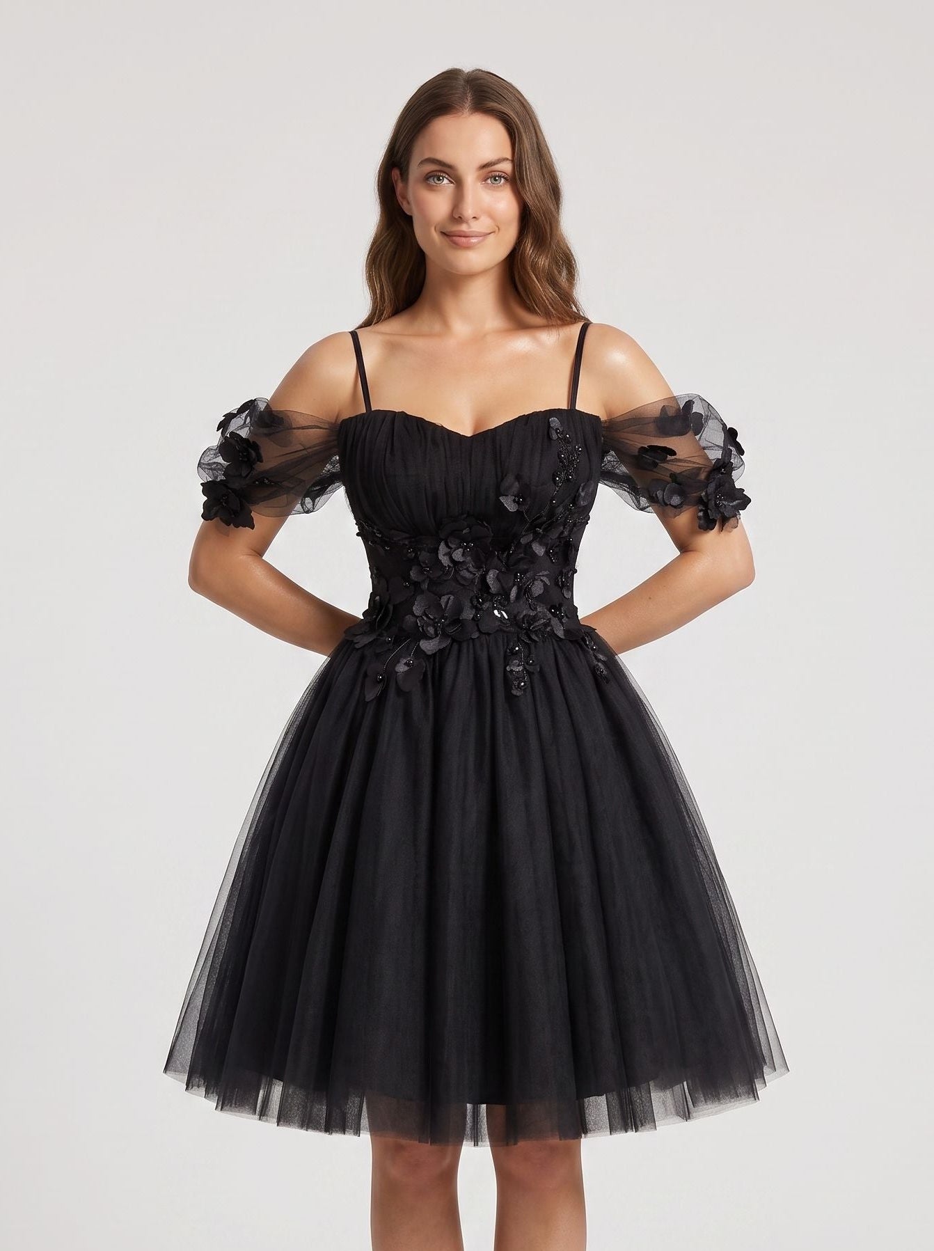 Black Tulle A-Line Off-the-Shoulder Criss-Cross Straps Short Dress with Sweetheart Bodice