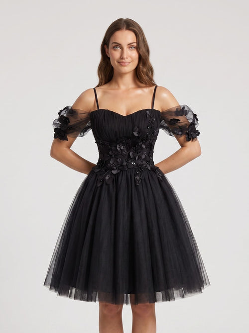Black Tulle A-Line Off-the-Shoulder Criss-Cross Straps Short Dress with Sweetheart Bodice