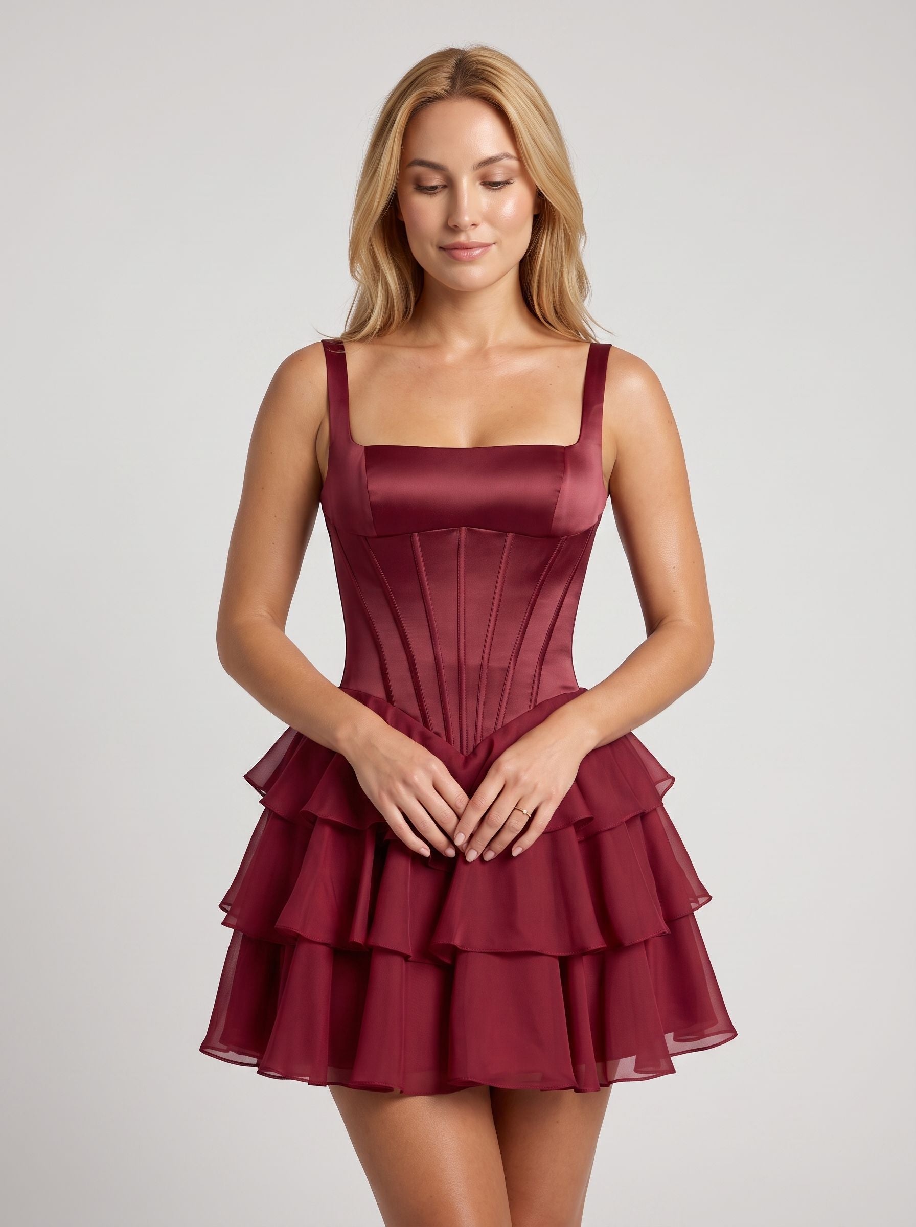 Cabernet Chiffon A-Line Sweetheart Corset Back Short Dress with Ruffle Skirt