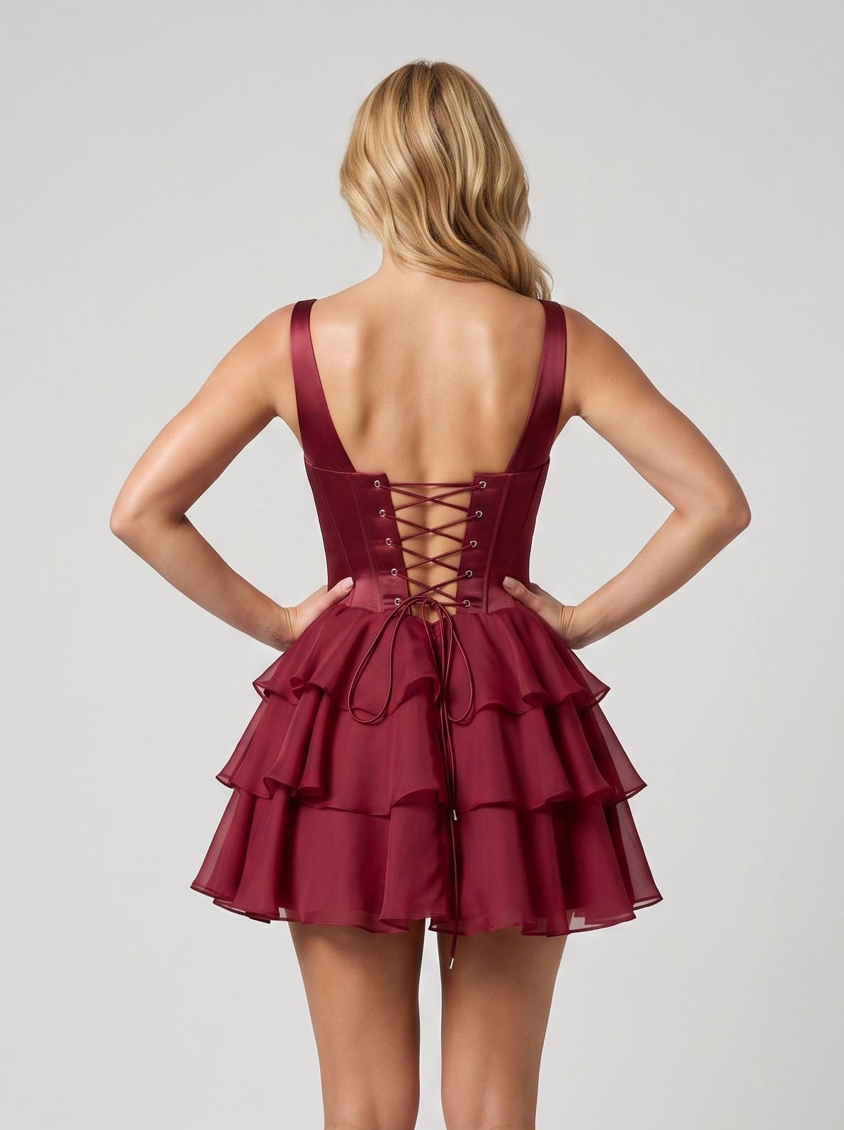 Cabernet Chiffon A-Line Sweetheart Corset Back Short Dress with Ruffle Skirt