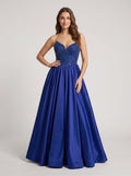 Navy Satin A-Line V-Neck Back Zip Floor-Length Dress with Beaded Bodice & Slit