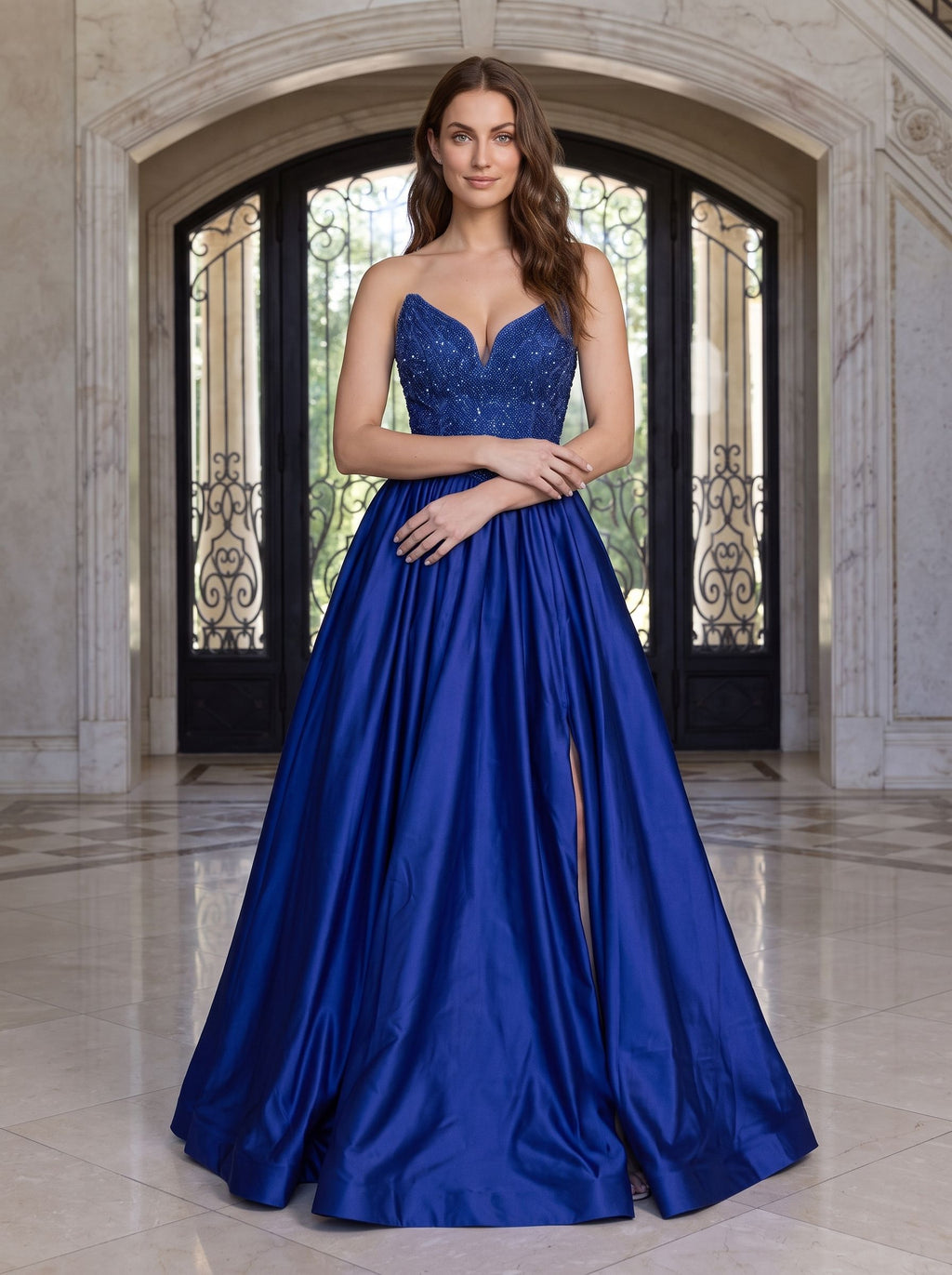 Navy Satin A-Line V-Neck Back Zip Floor-Length Dress with Beaded Bodice & Slit