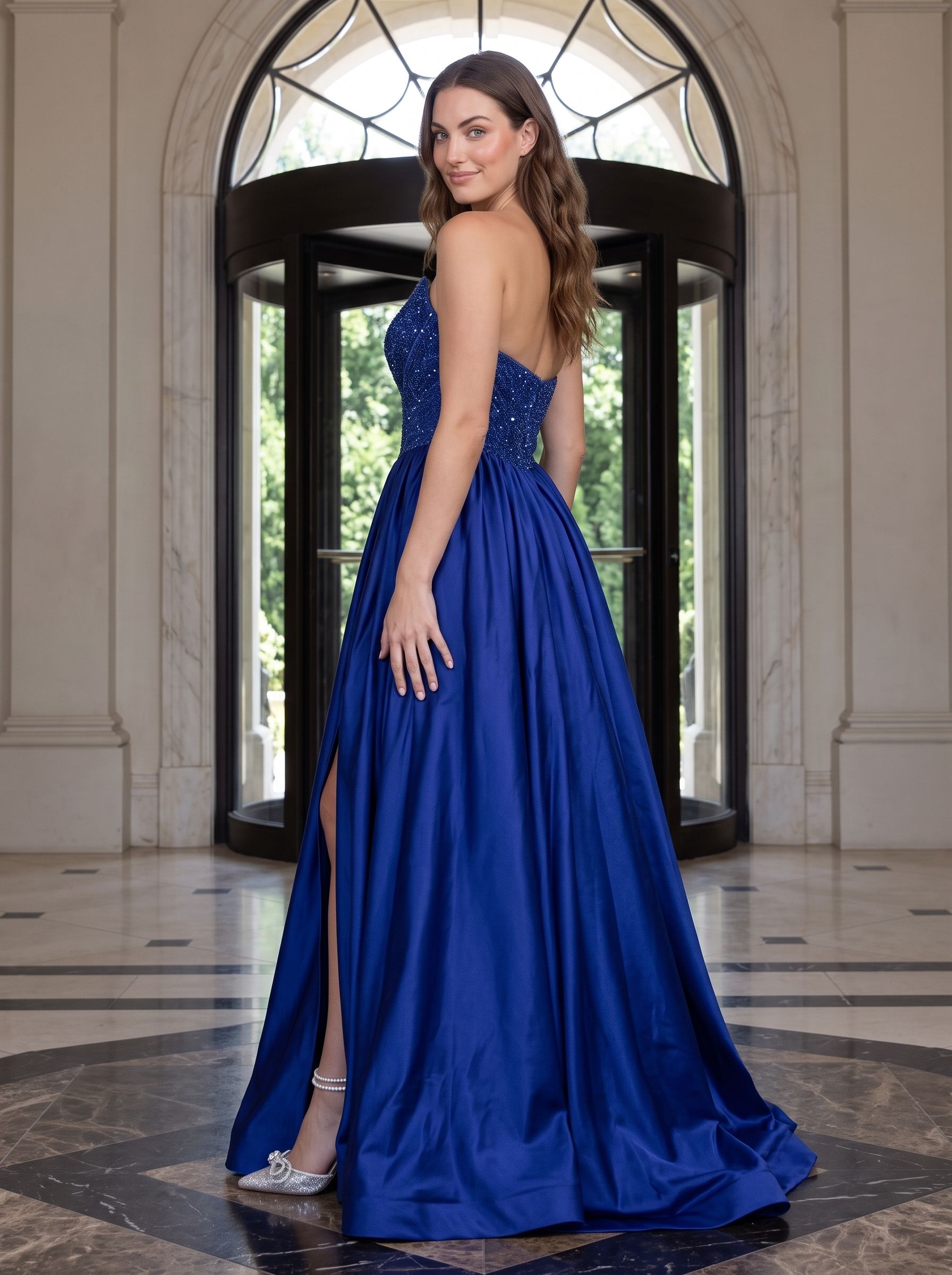 Navy Satin A-Line V-Neck Back Zip Floor-Length Dress with Beaded Bodice & Slit