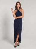 Black Satin Sheath Halter neckline Back Zip Midi Dress with Front split detail