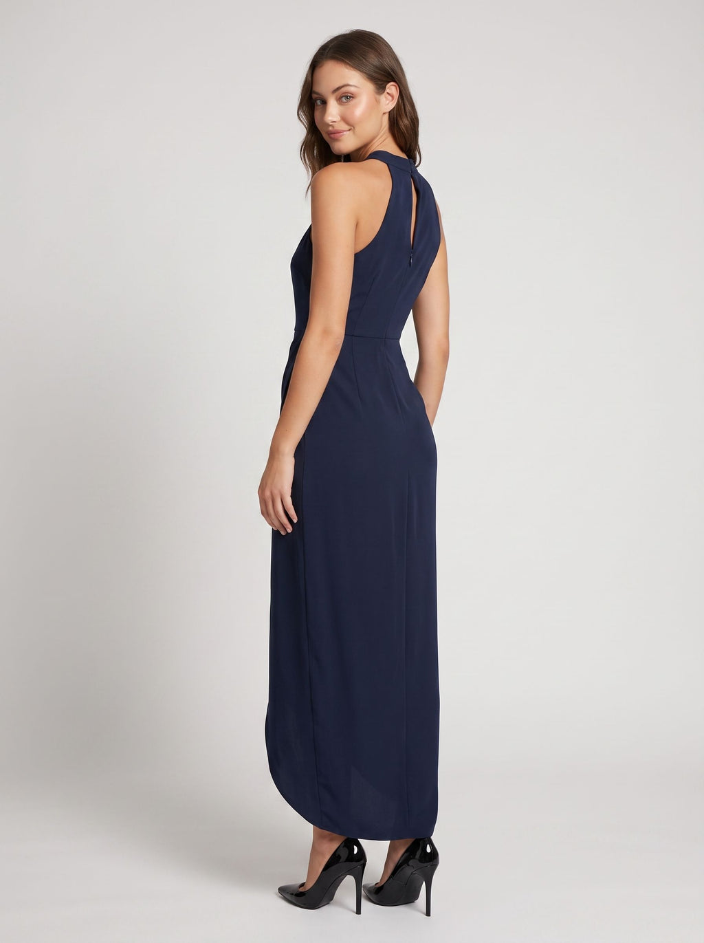 Black Satin Sheath Halter neckline Back Zip Midi Dress with Front split detail