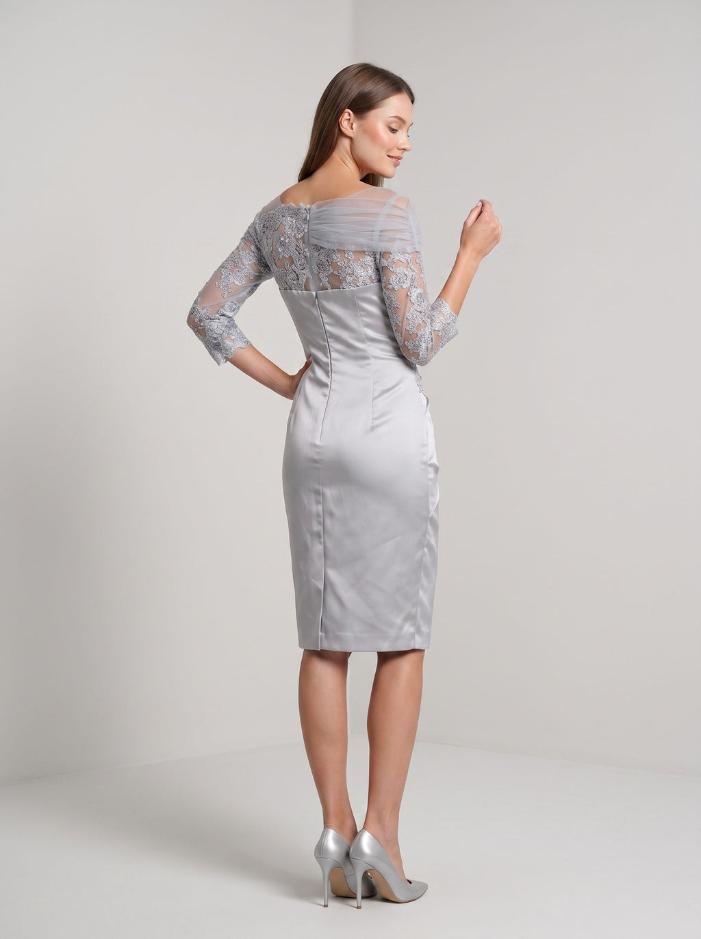  Silver Satin and Lace Sheath Straight Neck Back Zip Knee-Length Dress with Lace Sleeves