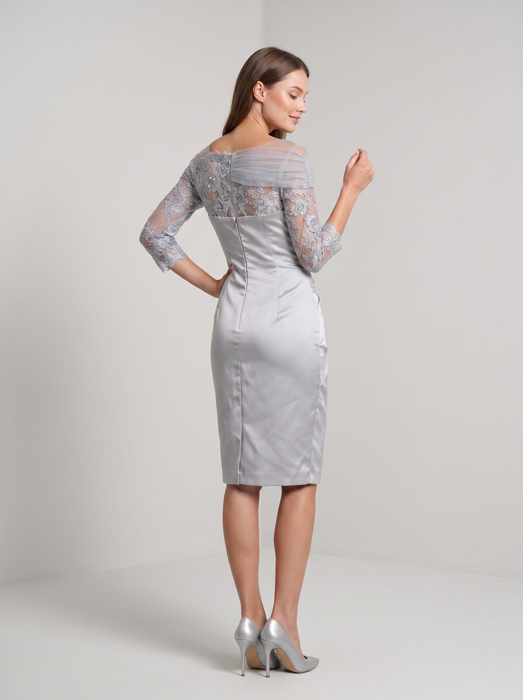  Silver Satin and Lace Sheath Straight Neck Back Zip Knee-Length Dress with Lace Sleeves