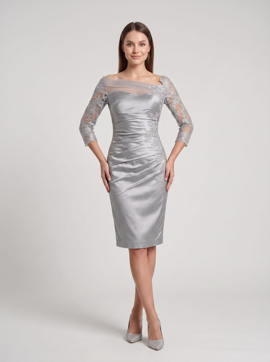  Silver Satin and Lace Sheath Straight Neck Back Zip Knee-Length Dress with Lace Sleeves