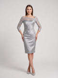  Silver Satin and Lace Sheath Straight Neck Back Zip Knee-Length Dress with Lace Sleeves