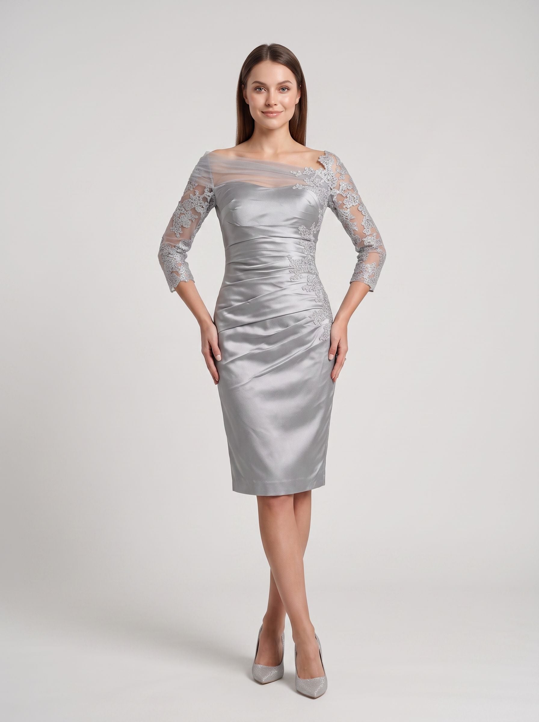  Silver Satin and Lace Sheath Straight Neck Back Zip Knee-Length Dress with Lace Sleeves