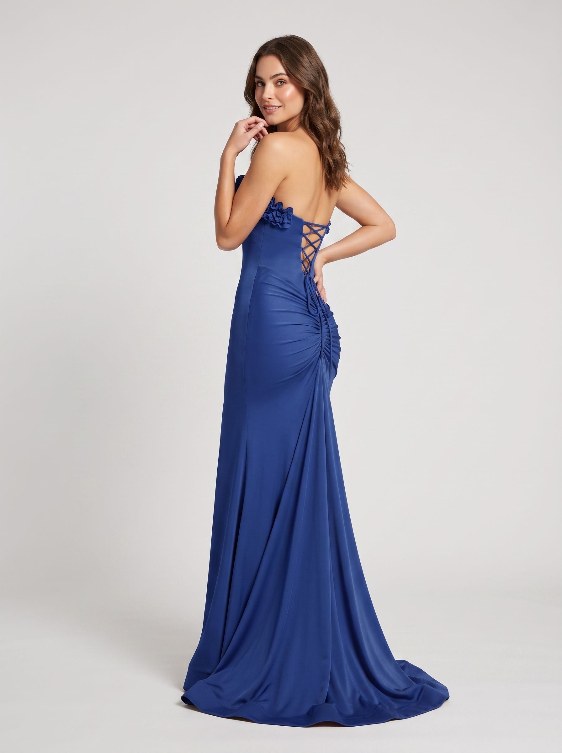 Navy Satin Sheath Straight Neck Lace-up Floor-Length Dress