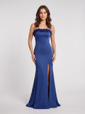 Navy Satin Sheath Straight Neck Lace-up Floor-Length Dress