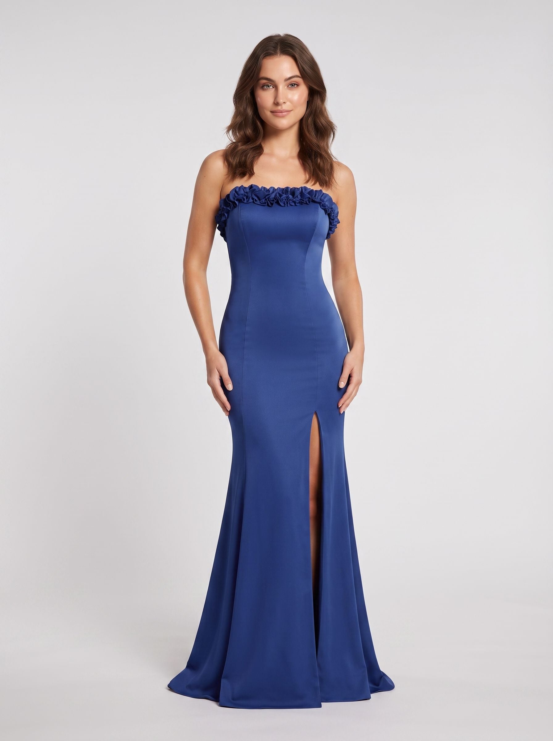 Navy Satin Sheath Straight Neck Lace-up Floor-Length Dress