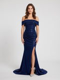 Navy Sparkle Knit column Off-the-Shoulder Back Zip Floor-Length Dress with Open Slit