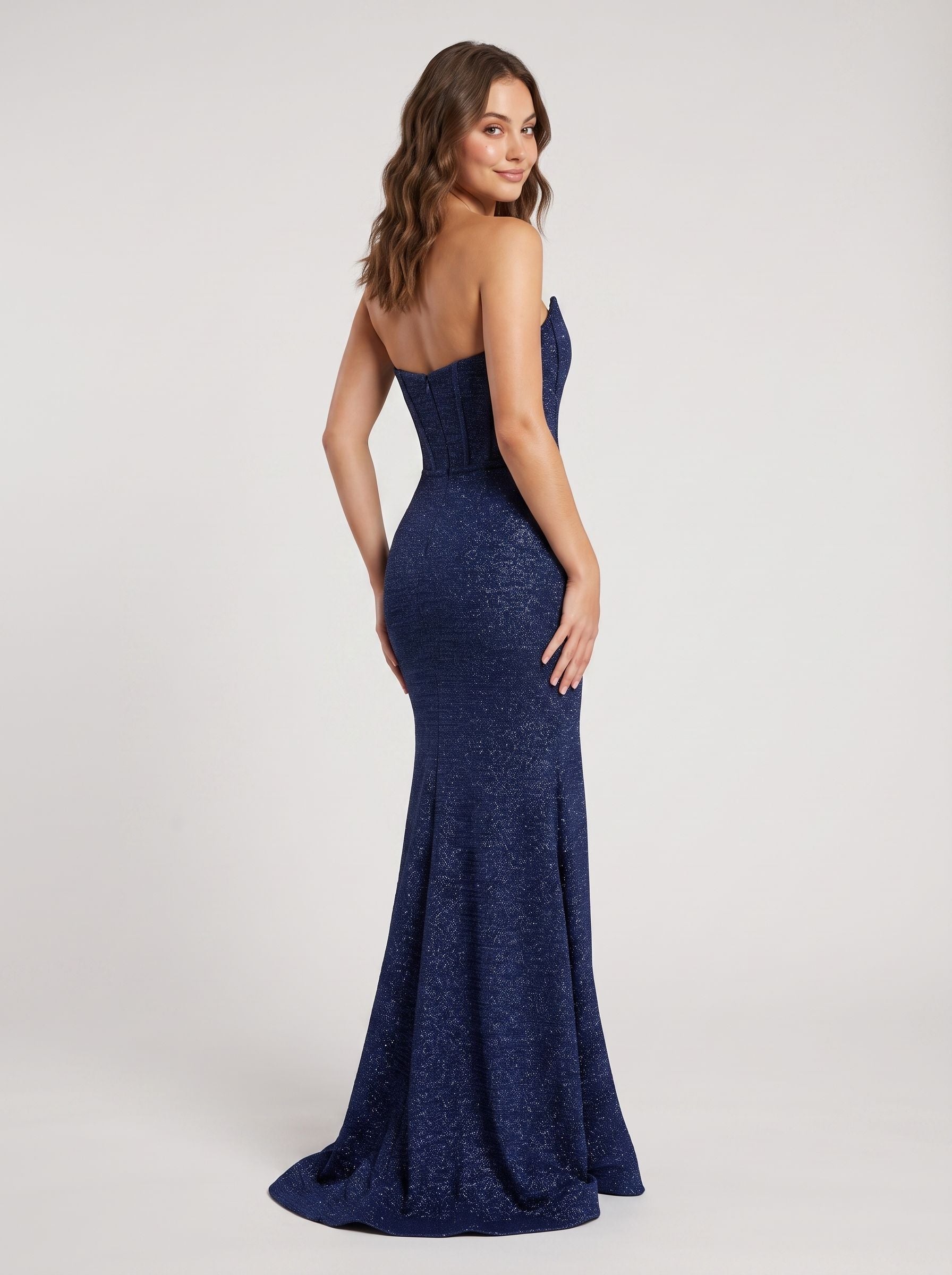 Navy Sequins A-Line Straight Neck Back Zip Floor-Length Dress with Tiered Skirt and Slit