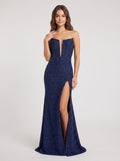 Navy Sequins A-Line Straight Neck Back Zip Floor-Length Dress with Tiered Skirt and Slit