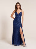 Navy Blue Sequin A-Line V-Neck Backless Floor-Length Dress with Pleated Bodice and High Slit