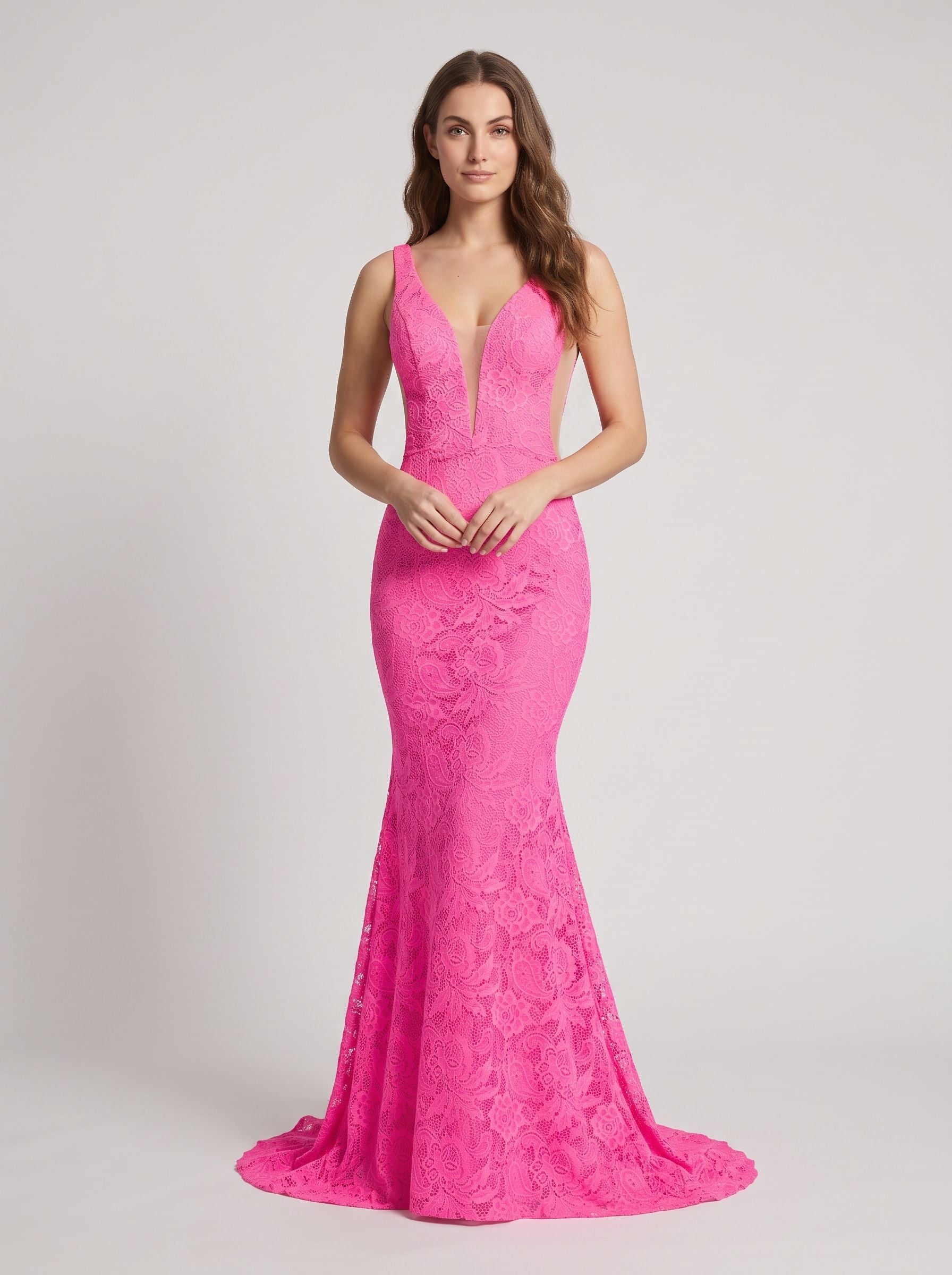Pink Lace Sheath V-Neck V-Back Floor-Length Dress with Side Slit