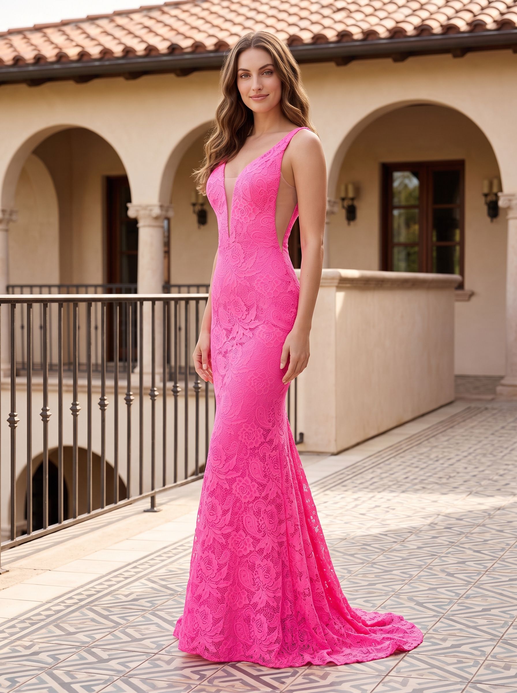 Pink Lace Sheath V-Neck V-Back Floor-Length Dress with Side Slit