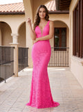 Pink Lace Sheath V-Neck V-Back Floor-Length Dress with Side Slit