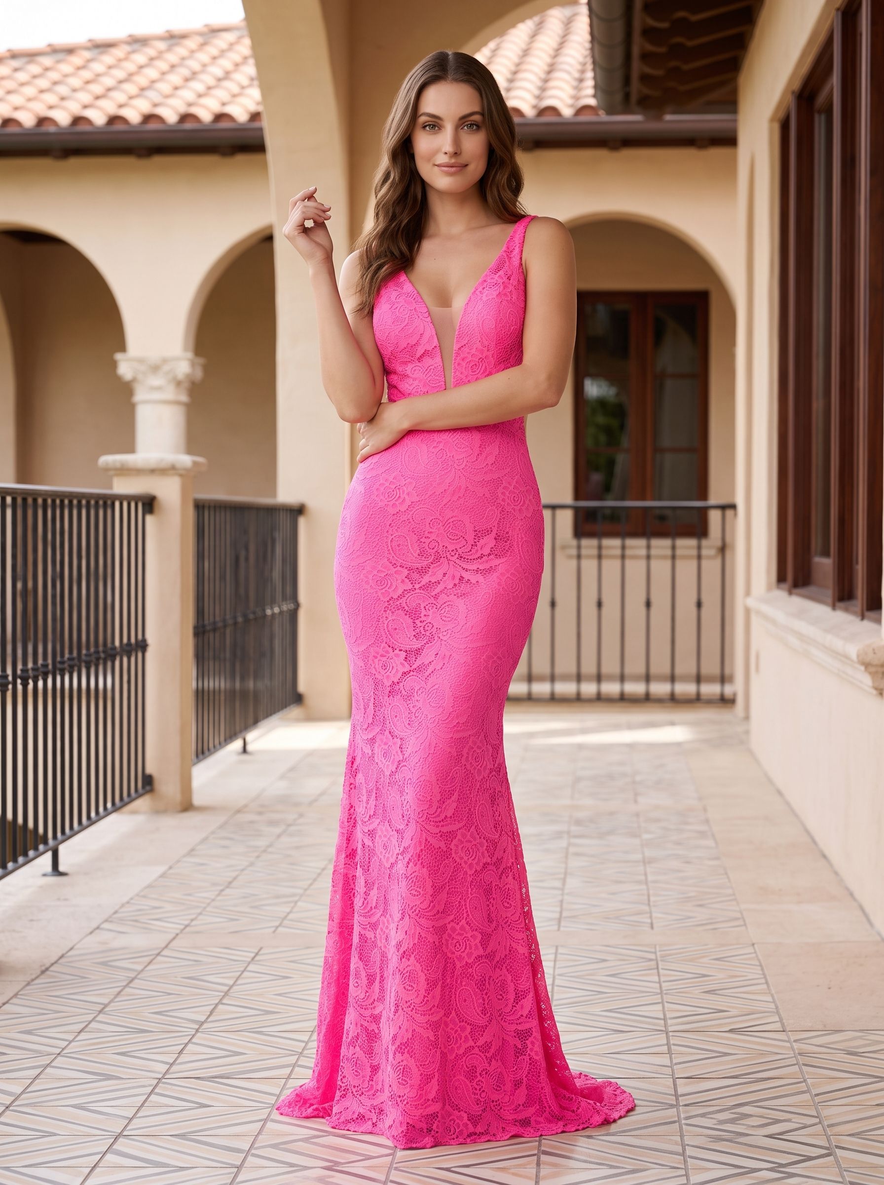Pink Lace Sheath V-Neck V-Back Floor-Length Dress with Side Slit