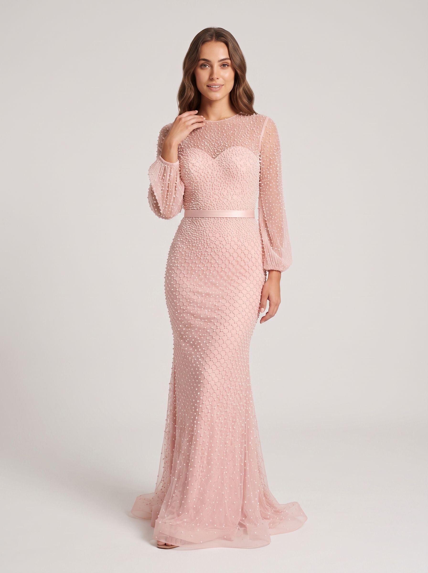 Blushing Pink Beaded Tulle column Scoop Neck Illusion Floor-Length Dress with Balloon Sleeves