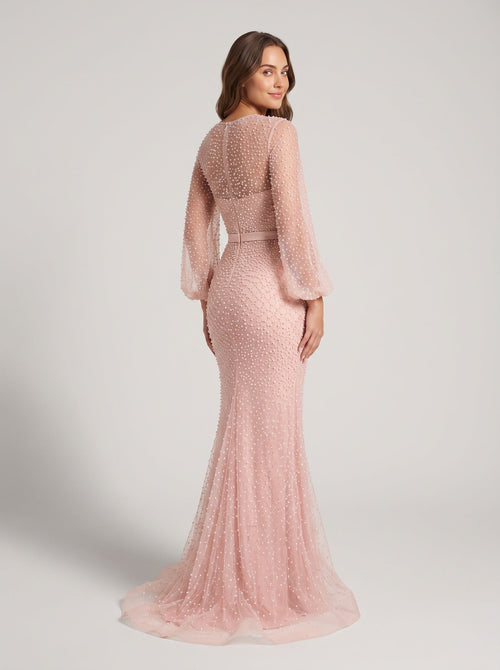 Blushing Pink Beaded Tulle column Scoop Neck Illusion Floor-Length Dress with Balloon Sleeves