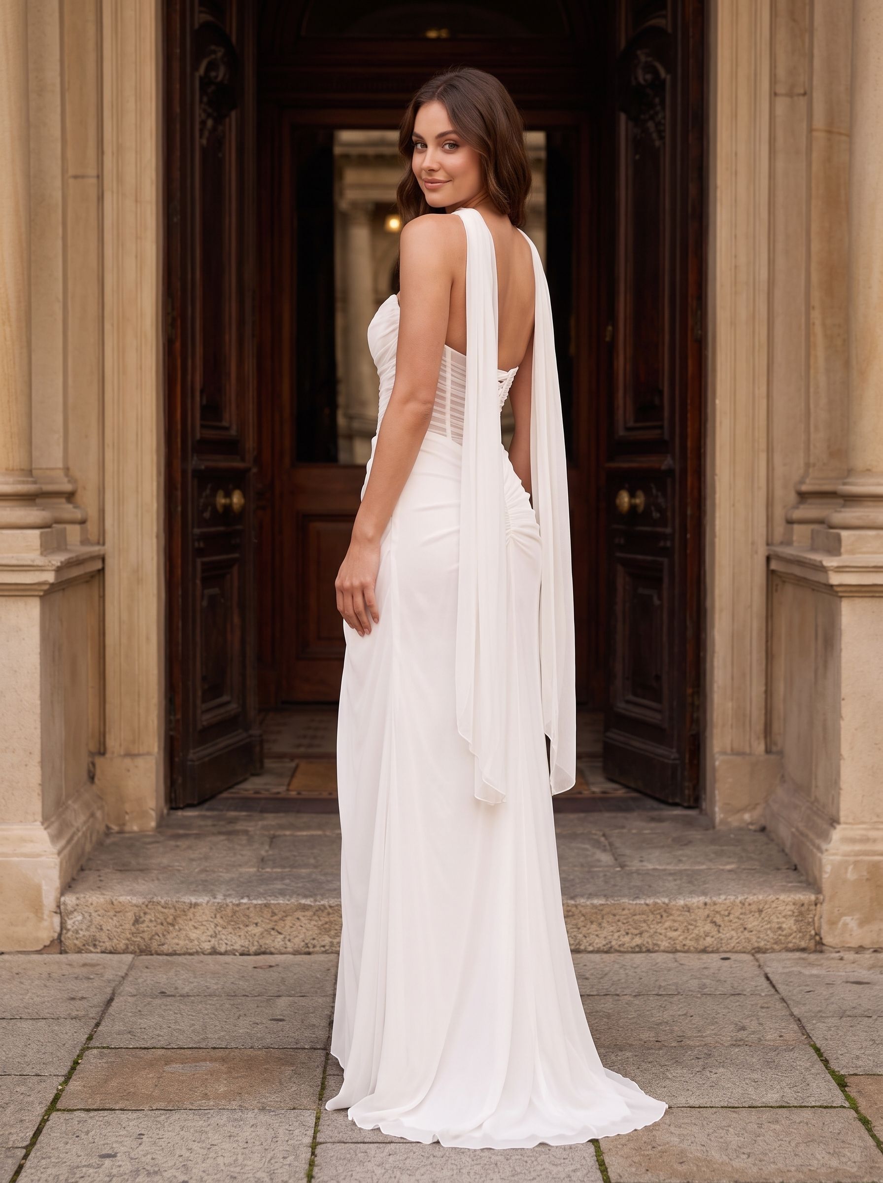 White Chiffon Sheath Straight Neck Lace-up Floor-Length Dress with Corset and Slit