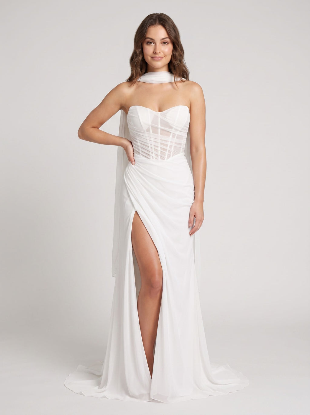 White Chiffon Sheath Straight Neck Lace-up Floor-Length Dress with Corset and Slit