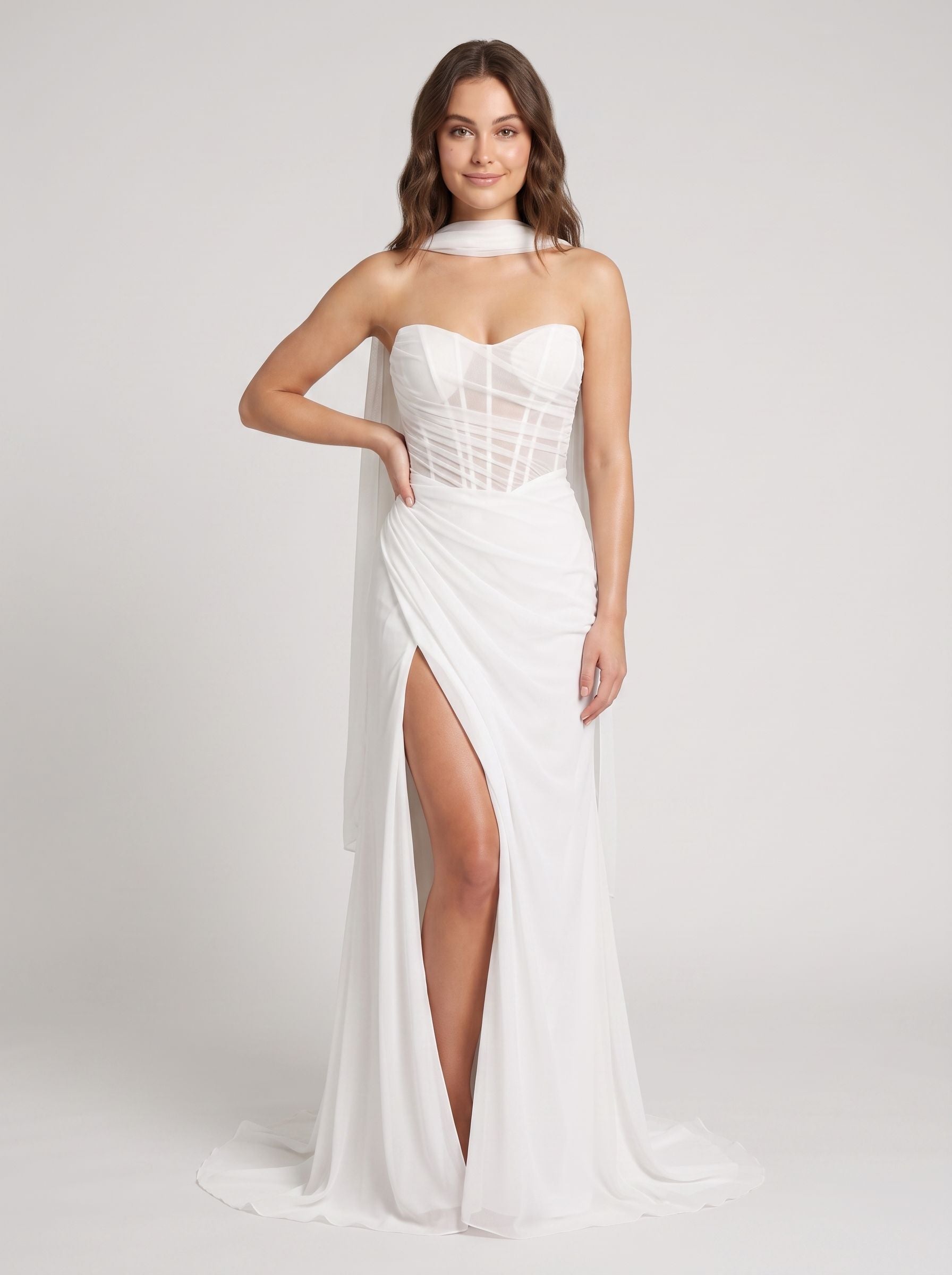 White Chiffon Sheath Straight Neck Lace-up Floor-Length Dress with Corset and Slit