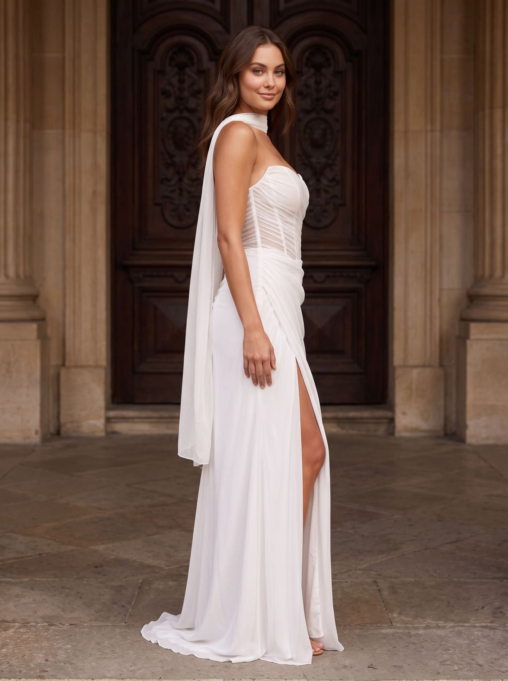 White Chiffon Sheath Straight Neck Lace-up Floor-Length Dress with Corset and Slit
