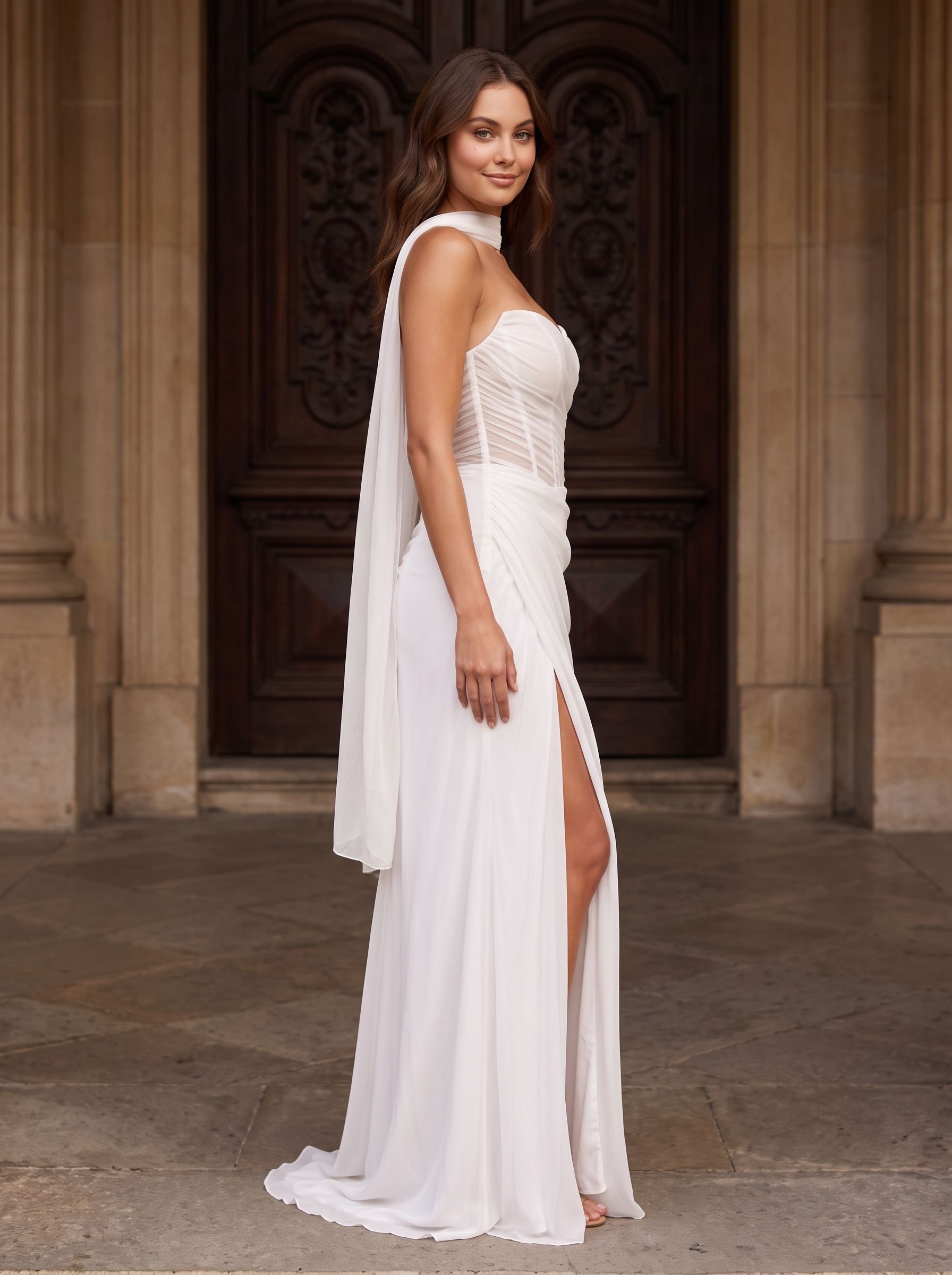 White Chiffon Sheath Straight Neck Lace-up Floor-Length Dress with Corset and Slit