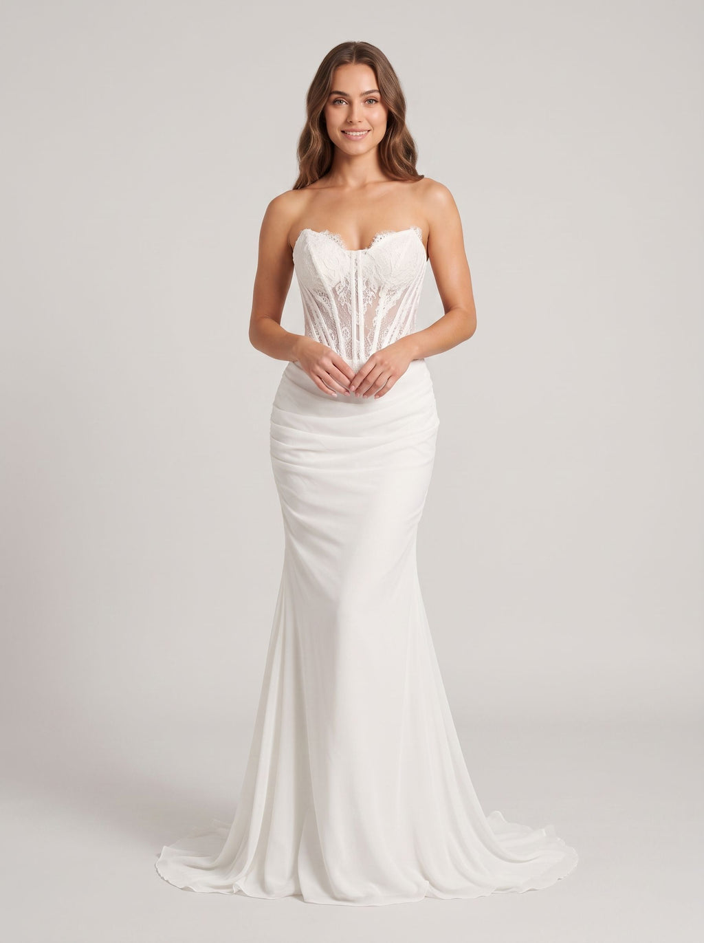 White Chiffon Mermaid V-Neck Lace-up Floor-Length Dress with Sheer Embroidered Corset