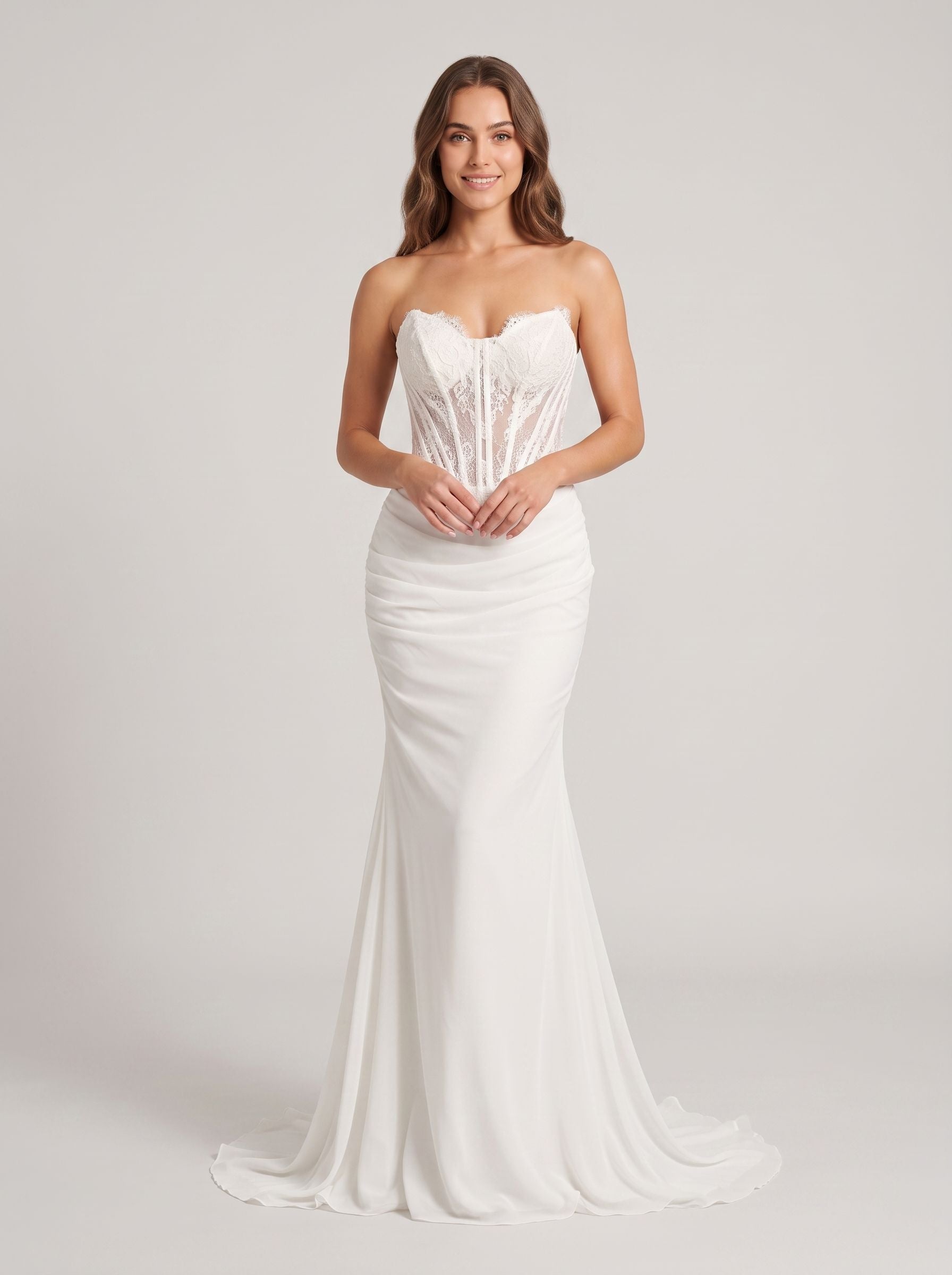 White Chiffon Mermaid V-Neck Lace-up Floor-Length Dress with Sheer Embroidered Corset