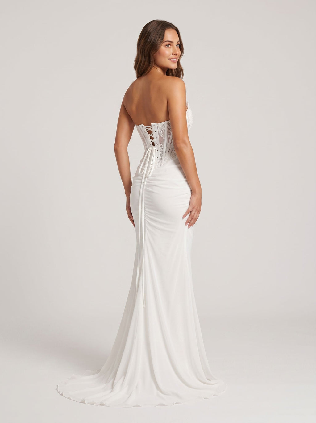 White Chiffon Mermaid V-Neck Lace-up Floor-Length Dress with Sheer Embroidered Corset