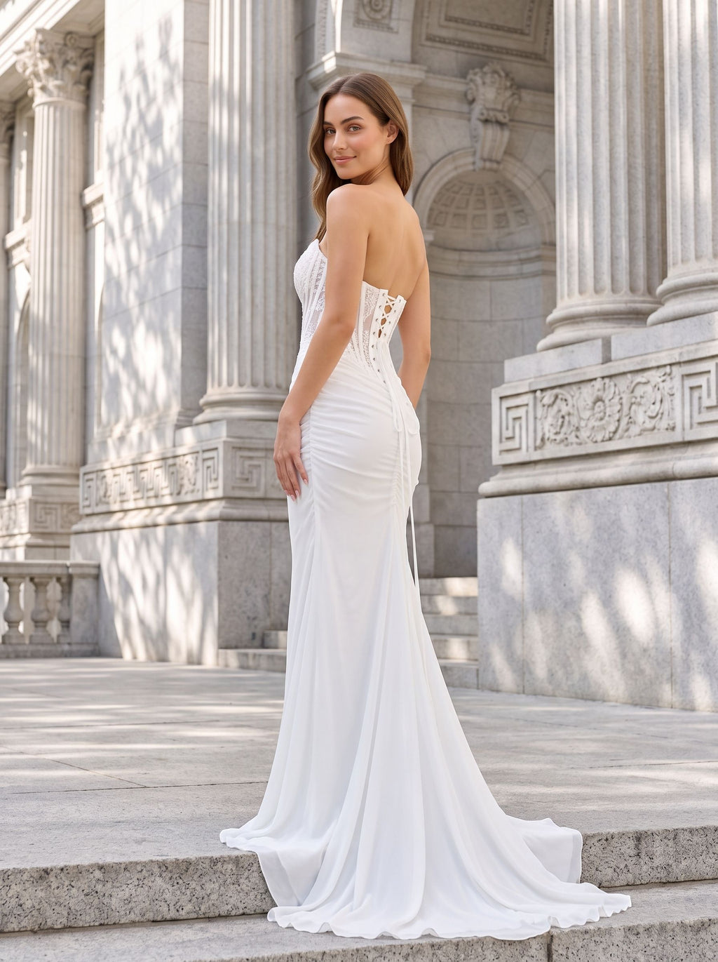 White Chiffon Mermaid V-Neck Lace-up Floor-Length Dress with Sheer Embroidered Corset