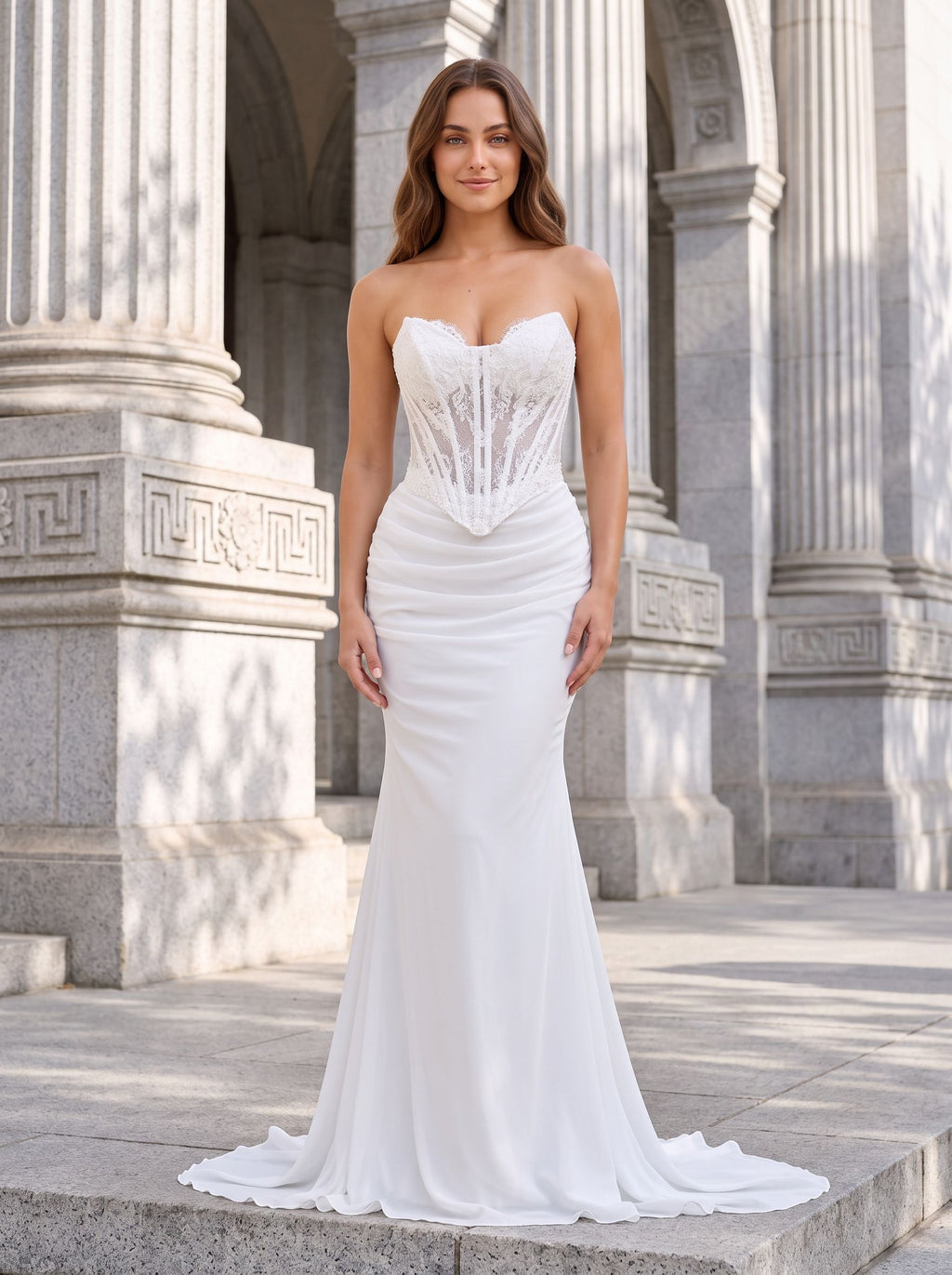 White Chiffon Mermaid V-Neck Lace-up Floor-Length Dress with Sheer Embroidered Corset