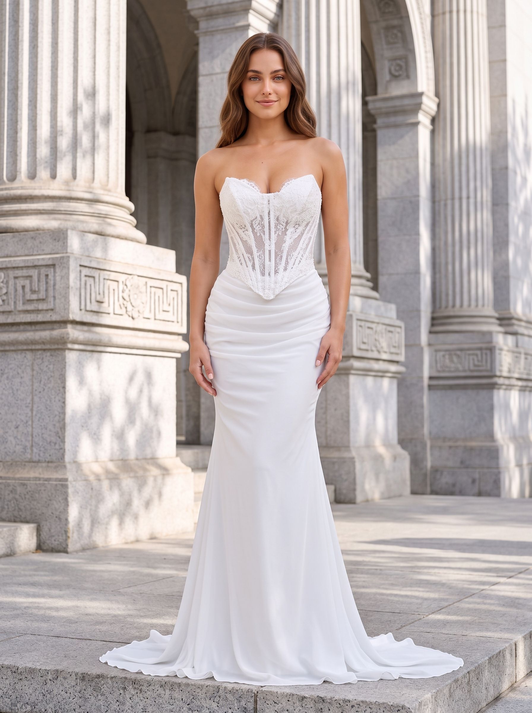 White Chiffon Mermaid V-Neck Lace-up Floor-Length Dress with Sheer Embroidered Corset