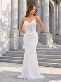 White Chiffon Mermaid V-Neck Lace-up Floor-Length Dress with Sheer Embroidered Corset