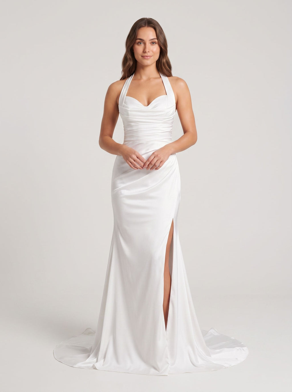 White Crepe Sheath Halter neckline Backless Floor-Length Dress with Ruched Bodice