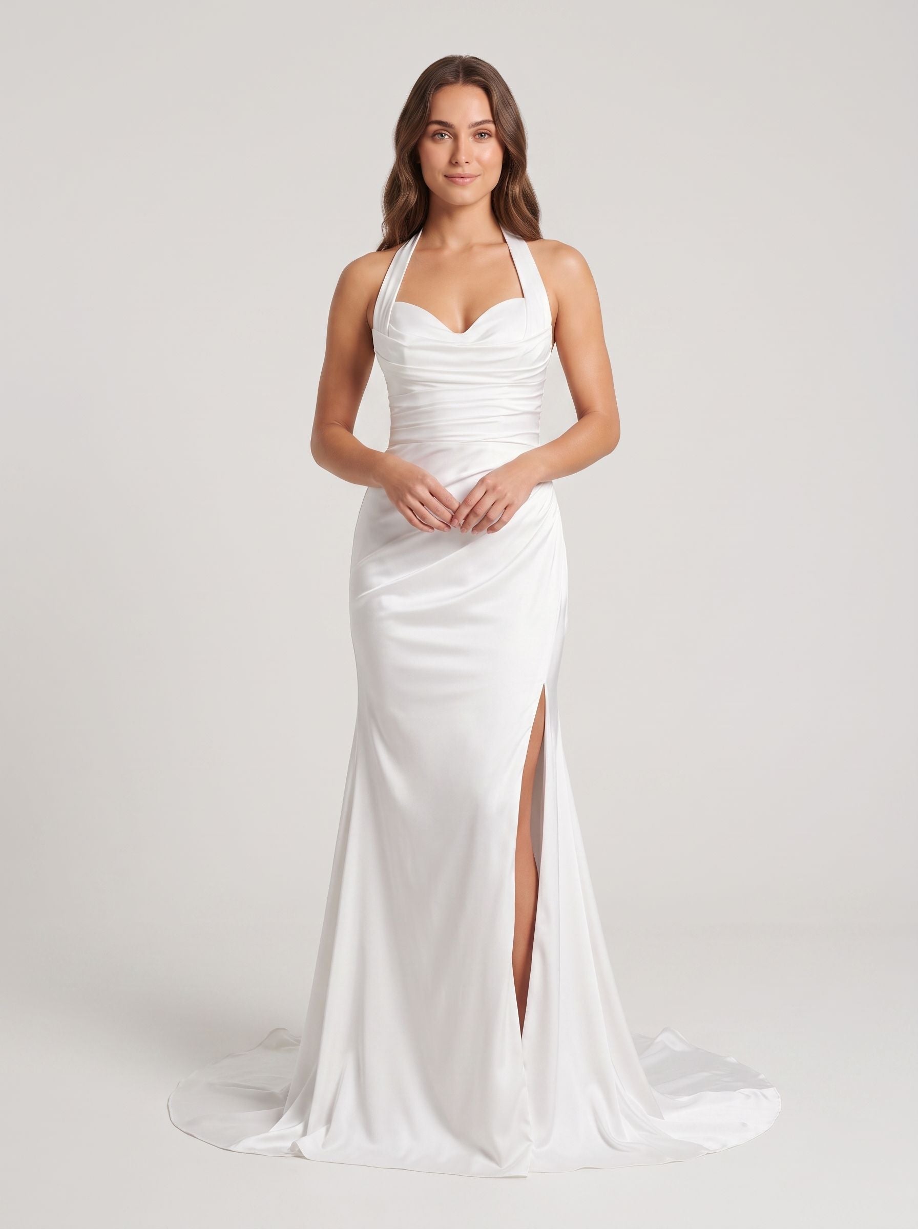 White Crepe Sheath Halter neckline Backless Floor-Length Dress with Ruched Bodice