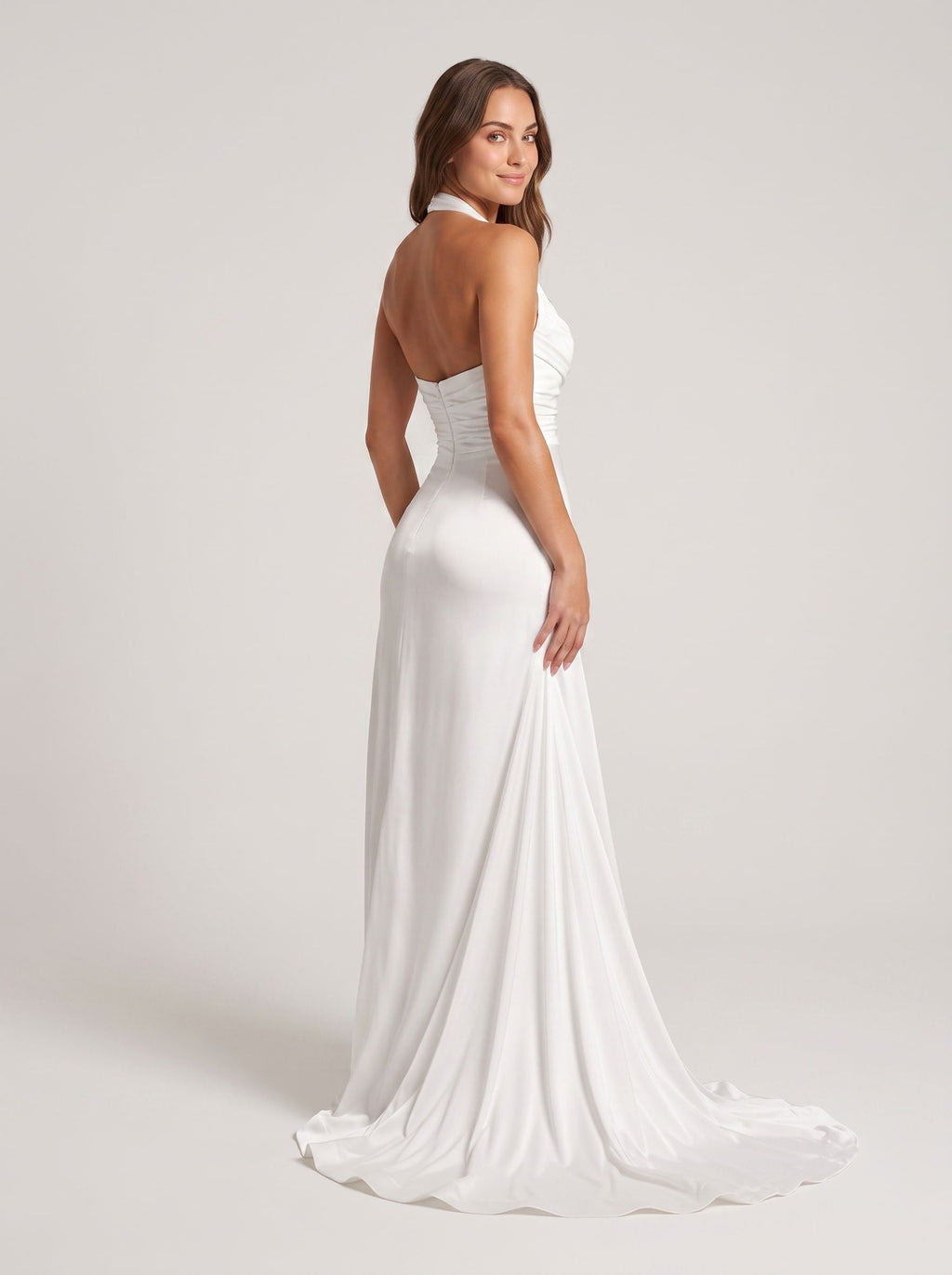 White Crepe Sheath Halter neckline Backless Floor-Length Dress with Ruched Bodice