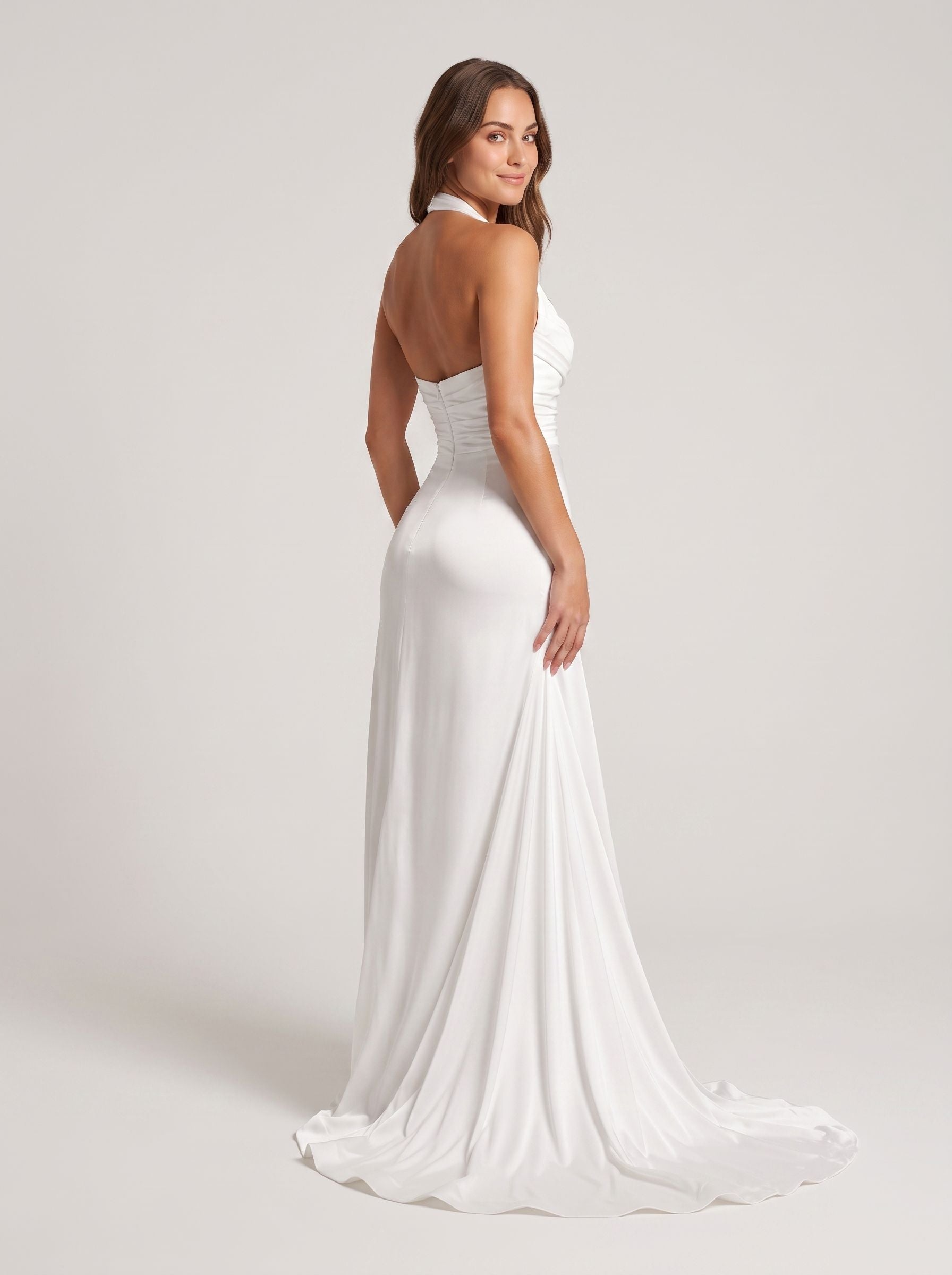 White Crepe Sheath Halter neckline Backless Floor-Length Dress with Ruched Bodice
