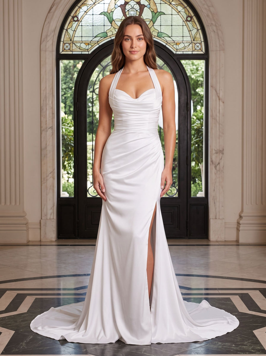 White Crepe Sheath Halter neckline Backless Floor-Length Dress with Ruched Bodice