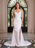 White Crepe Sheath Halter neckline Backless Floor-Length Dress with Ruched Bodice